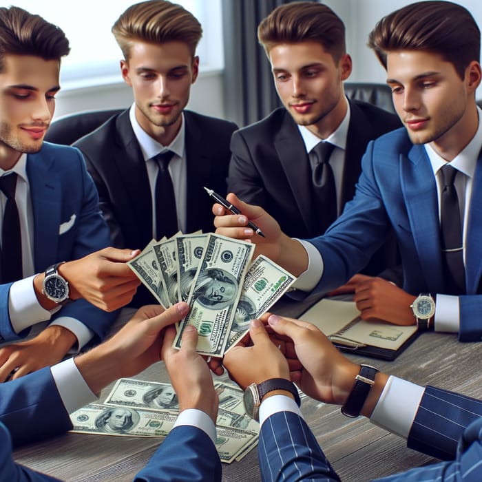 Luxurious Money Exchange: Young Affluent Men Swapping Hundred-Dollar Bills