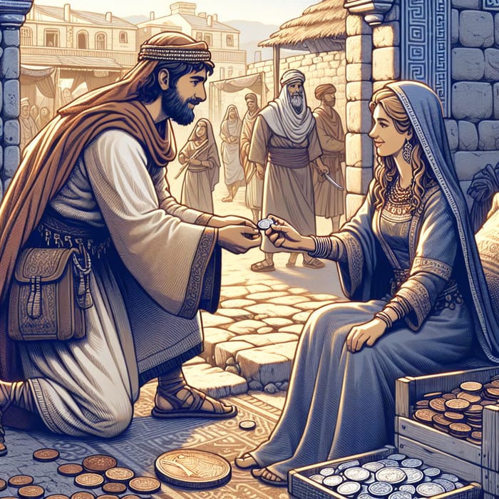 Ancient Times Coin Exchange: Middle-Eastern Man and Caucasian Woman