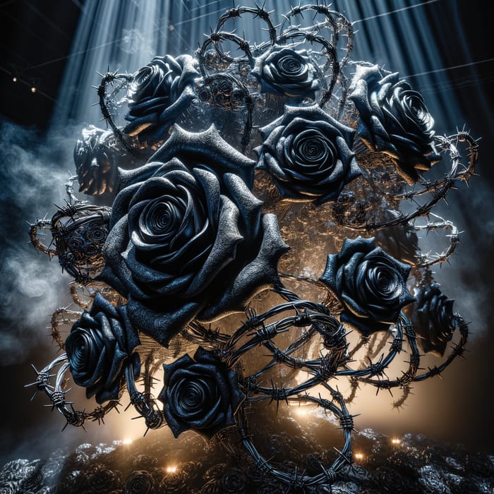 Intricate Coal-Black Rose Sculpture with Chrome Barbed Wire and Enigmatic Lighting