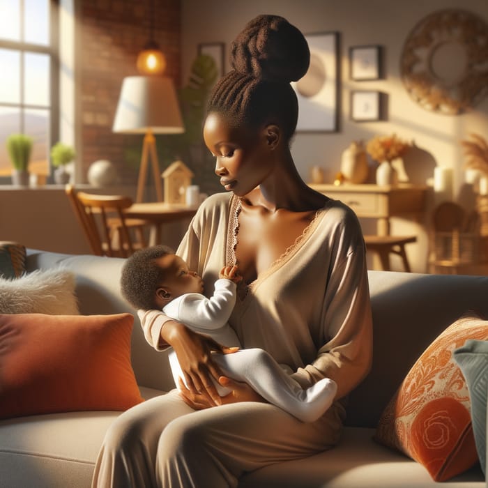 African Woman Cuddling Baby on Cozy Living Room Couch