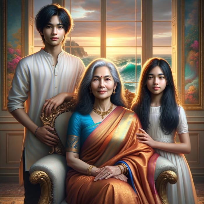 Realistic South Asian Family Portrait in Vibrant Room Setting