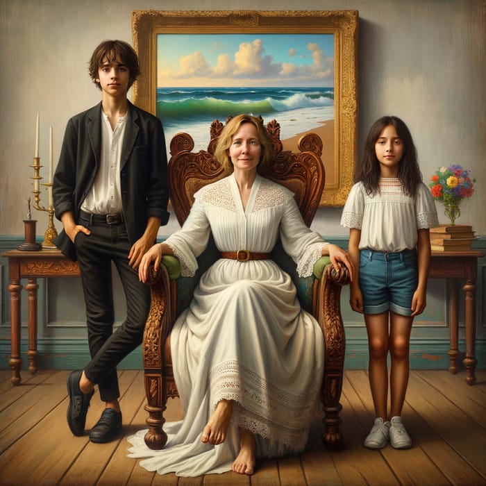 Realistic Family Portrait with Royal Chair and Ocean Painting