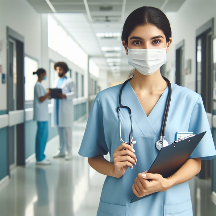 Middle-Eastern Female Nurse in Light Blue Scrubs in a Hospital Corridor