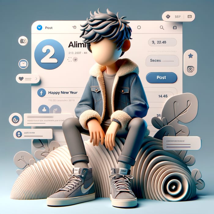 Unique 3D Animated Character Sitting on Social Media Logo | Happy New Year