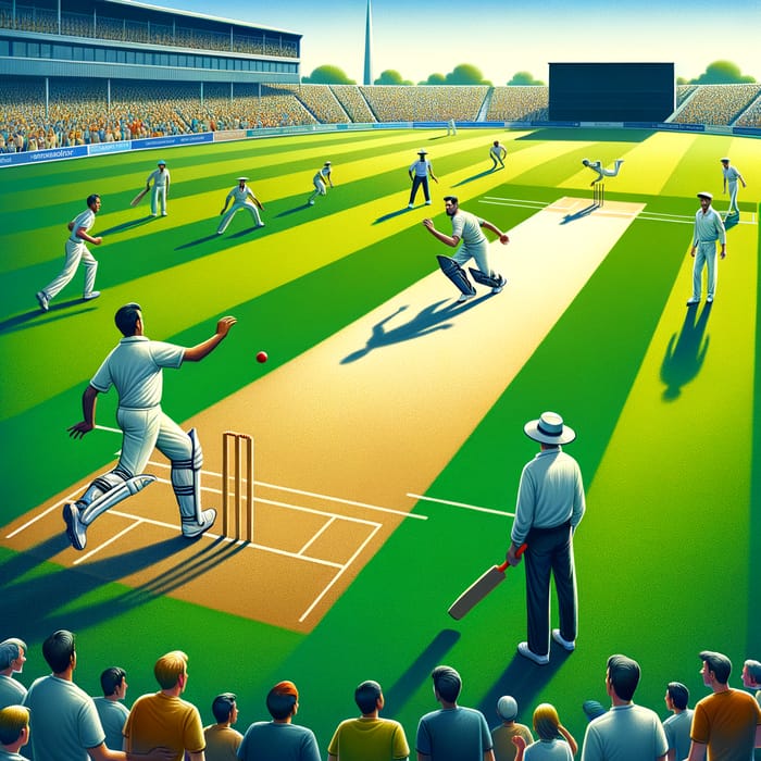 Exciting Cricket Match Scene with Diverse Players | Outdoor Spectacle