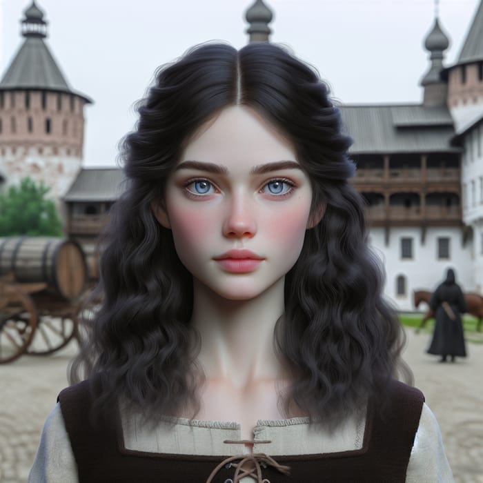 14-Year-Old Girl with Black Wavy Hair and Pale Blue Eyes in Ancient Russian Setting