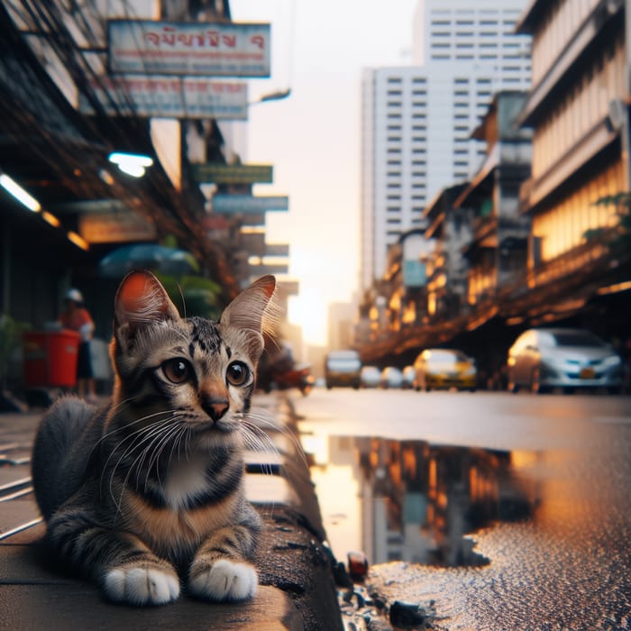 Cat on Street in Bangkok - Urban Feline Encounter
