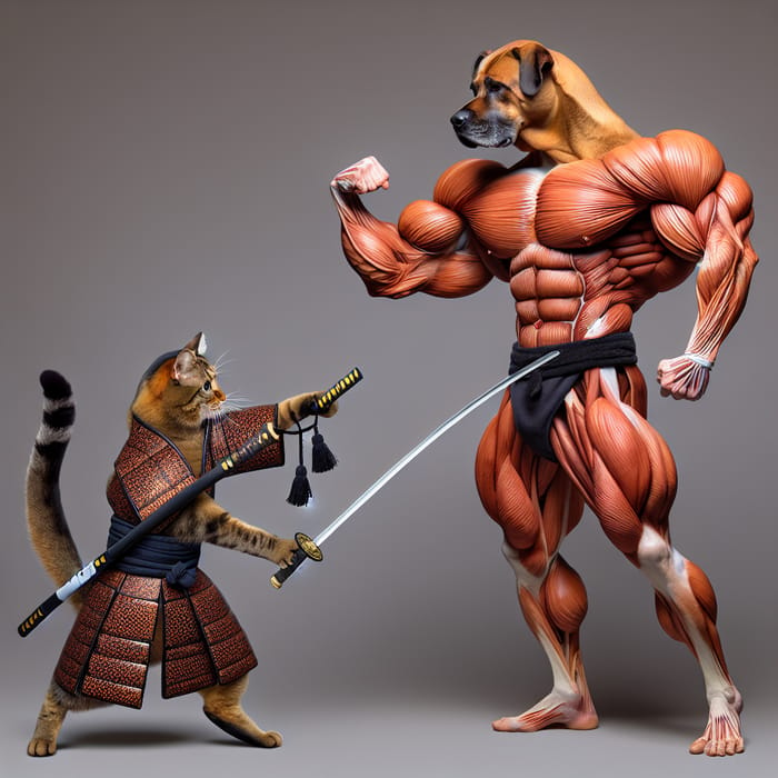 Samurai Cat Battles Muscular Dog