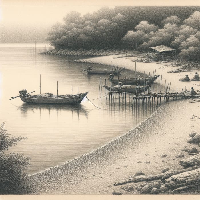 Tranquil Fishing Shore: Serene Scene in Pencil Sketch