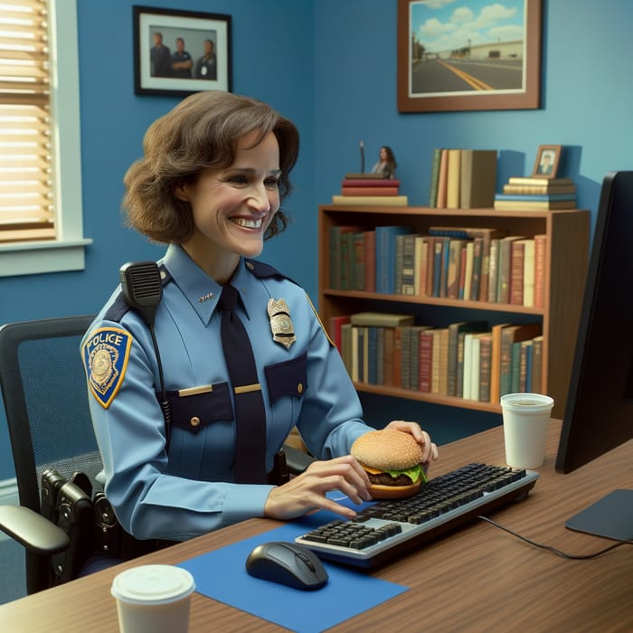 Female Officer Working on Computer with Burger in Blue Room