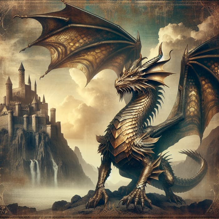 Vintage Medieval Dragon: Ancient Gold & Bronze Scales | Castle Scene
