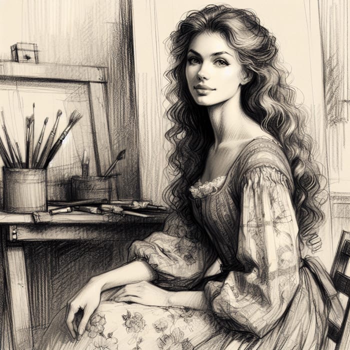 Vintage Charcoal Sketch of Woman in Floral Dress