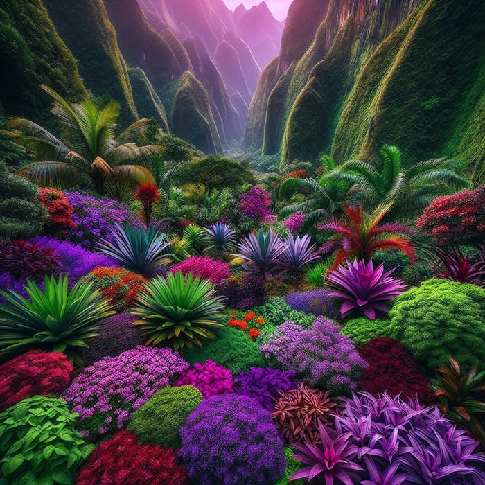 Vibrant Valley Paradise with Purple and Maroon Plants