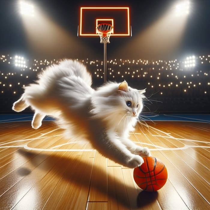 Athletic Fluffy White Cat Leaping in Basketball Match