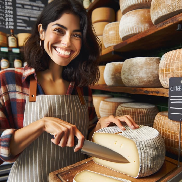 Smiling Woman Cuts Round Flor de Esgueva Cured Cheese at Butcher Shop