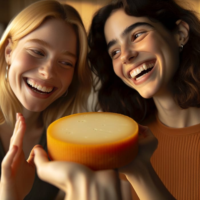 Blonde and Brunette Girls Sharing Laughter with Manchego Cheese