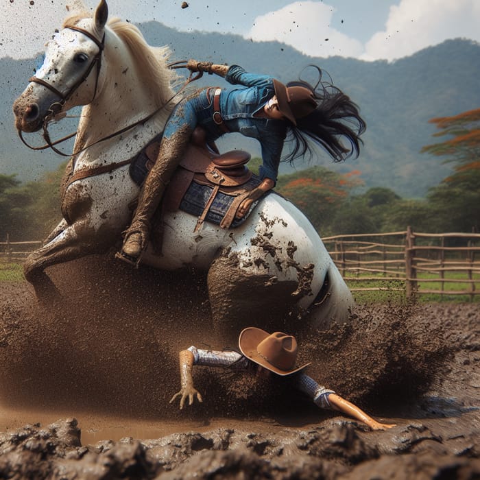 Hispanic Equestrian Tumbles Face-First into Puddle