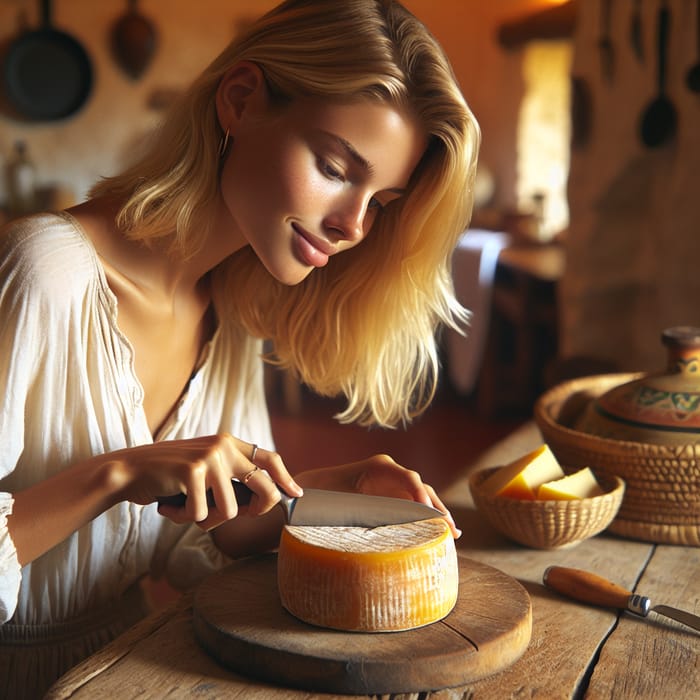 Spanish Blonde Girl Cutting Circular Aged Cheese