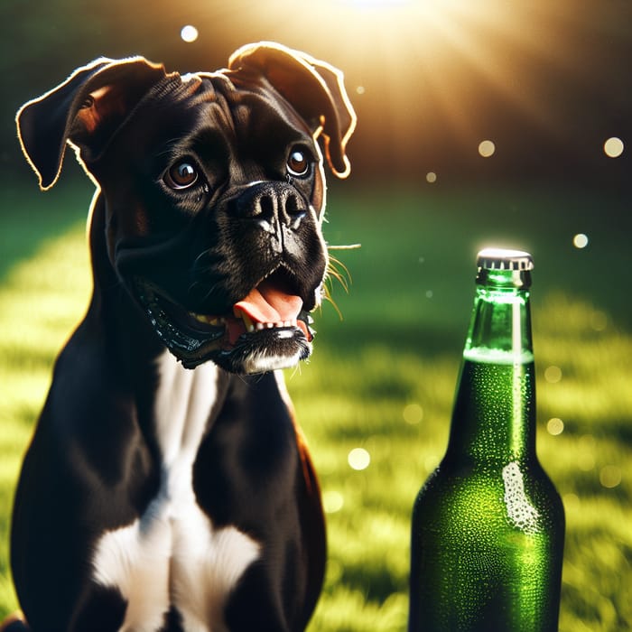 Sleek Black Boxer Dog with Beer Bottle in Sunlit Field