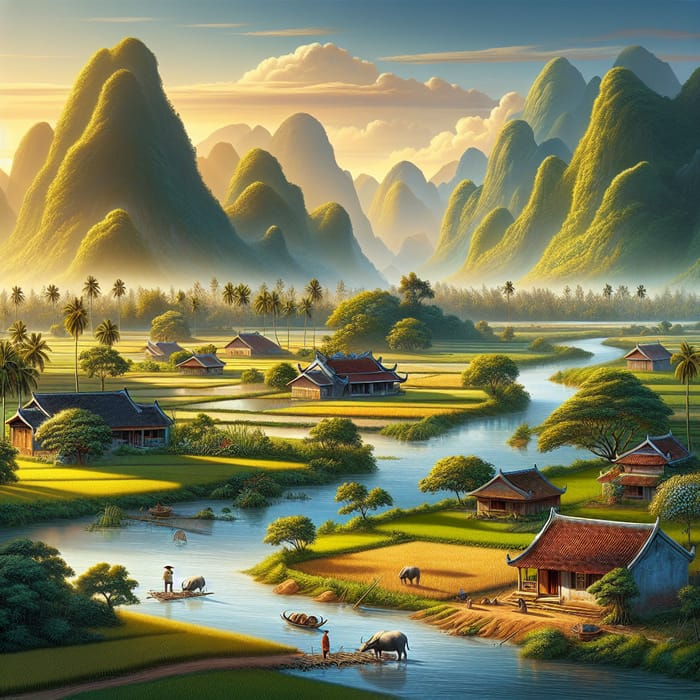 Tranquil Southern Vietnamese Landscape: Green Fields, Mountains & Traditional Houses