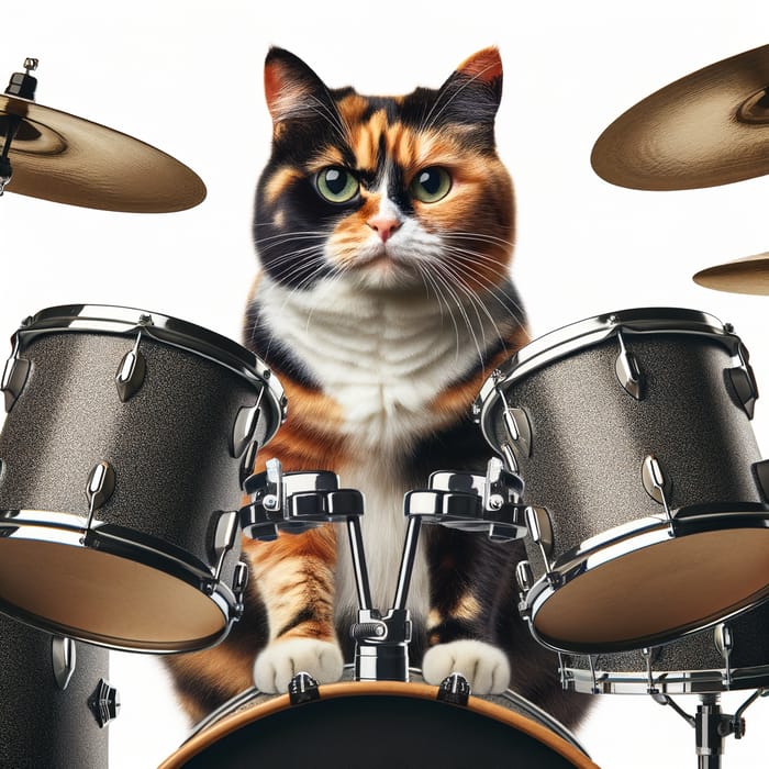 Calico Cat Drummer with Bass Drum, Snare, and Cymbals