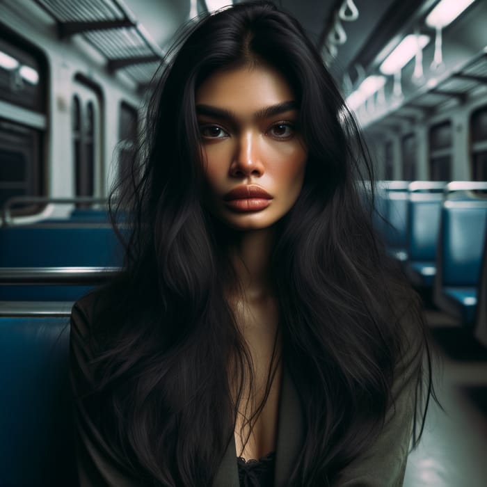 Beautiful Woman with Long Black Hair on Empty, Eerie Train