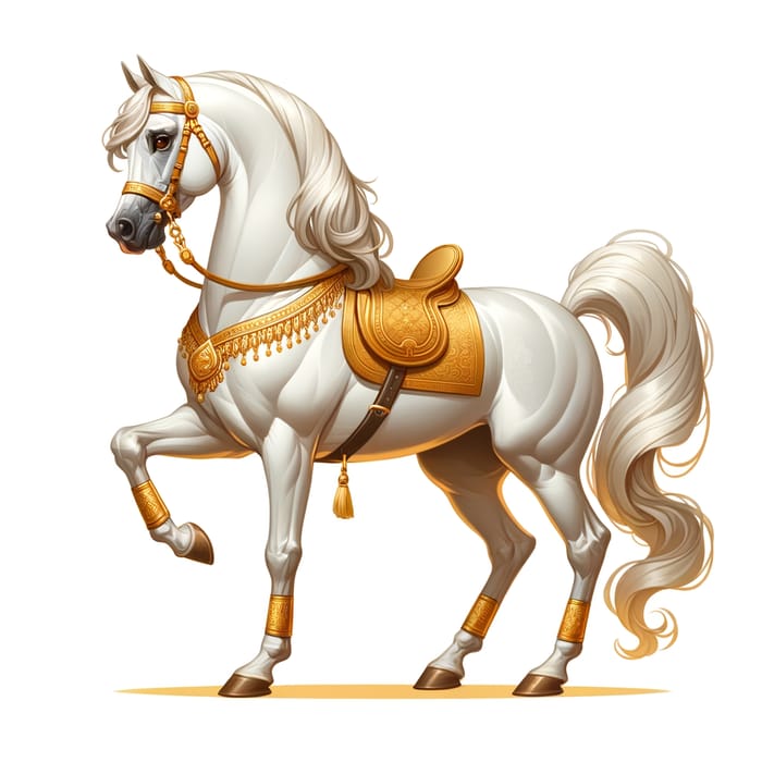 Majestic White Arabian Horse with Golden Saddle & Bridle