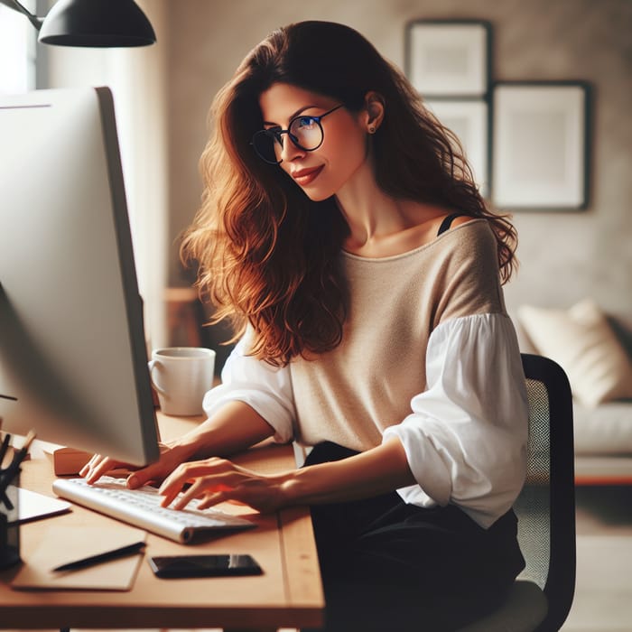 Brown-haired woman with glasses working on laptop