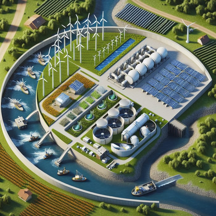 Hybrid Power Supply System with Solar Panels, Wind Turbines, Hydroelectric Generators, & Biogas Unit