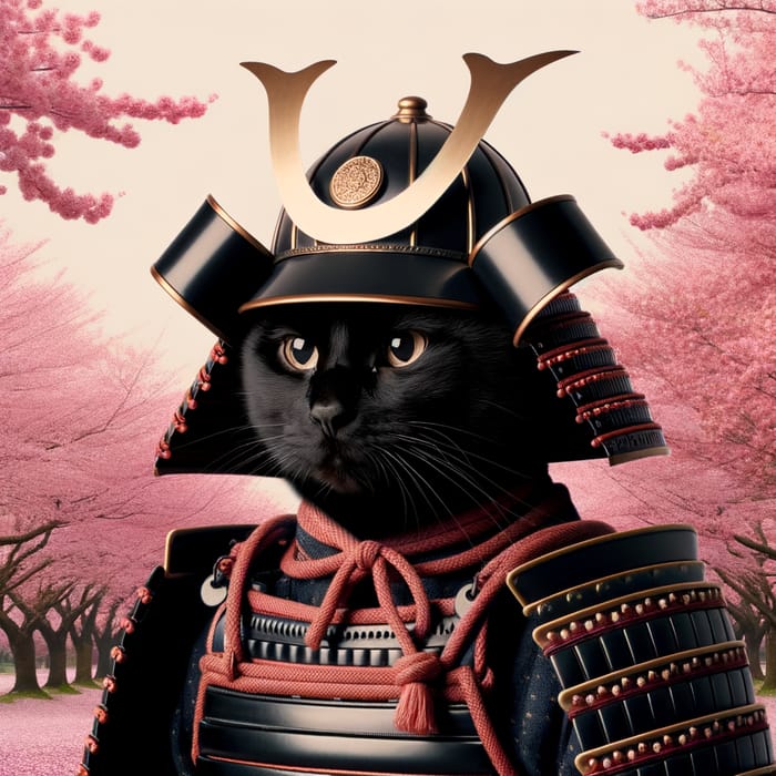 Black Cat Samurai in Tranquil Cherry Blossom Forest