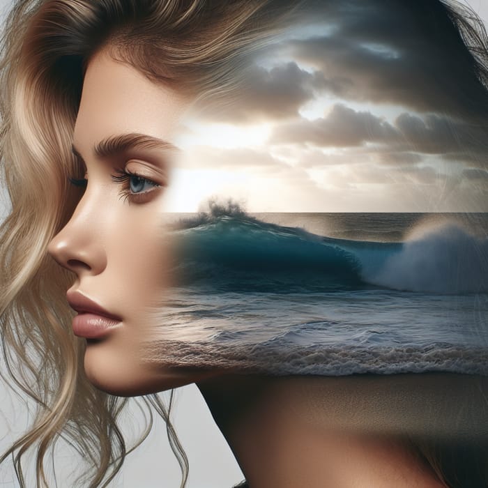Blond Lady Ocean Waves Double Exposure Portrait