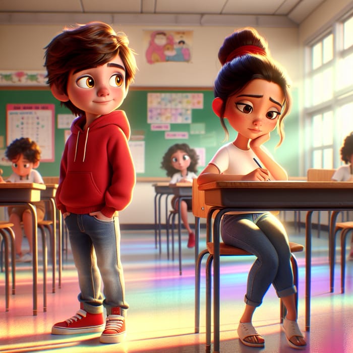 Enchanting 3D Animated School Scene: Thoughtful Kids in Vibrant Setting