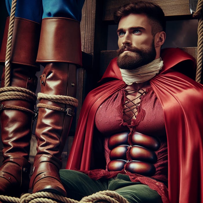 Valiant Prince Ready for Execution: Muscular Caucasian Prince in Red Cape & Shackles