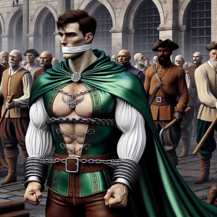 Arrested White Muscular Prince in Emerald Green Cape: Vulnerable Strength Display