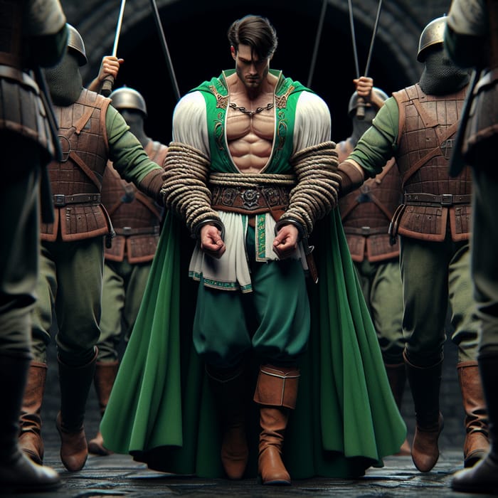 Powerful Caucasian Prince Restrained by Guards in Emerald Green Cape