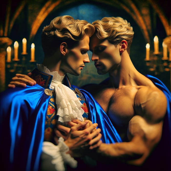 Passionate Embrace: Muscular Caucasian Nobles in Royal Blue Capes