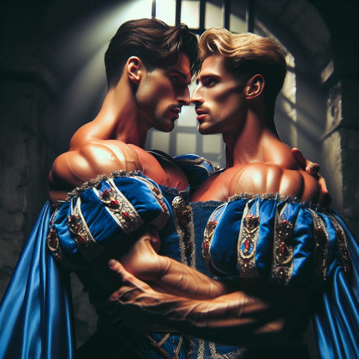 Passionate Embrace: Muscular Princes in Blue Capes in Dungeon
