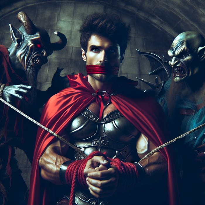 Muscular Prince in Bright Red Cape Shackled and Gagged by Maleficent's Goons