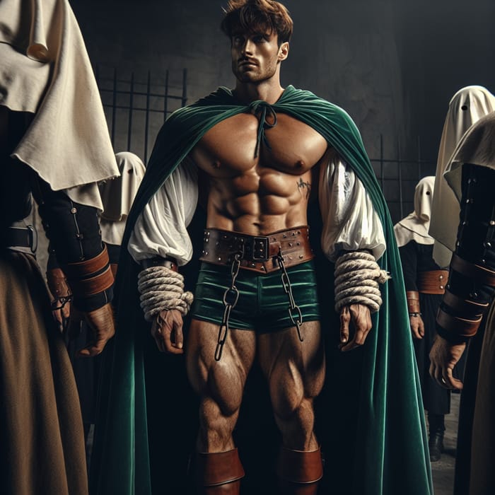 Captive Muscular Prince in Emerald Green Cape - Story of Strength and Vulnerability