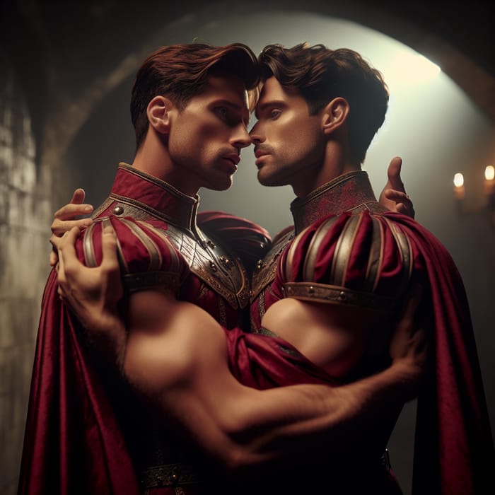 Passionate Embrace of Muscular Princes in Crimson Capes | Renaissance Romance