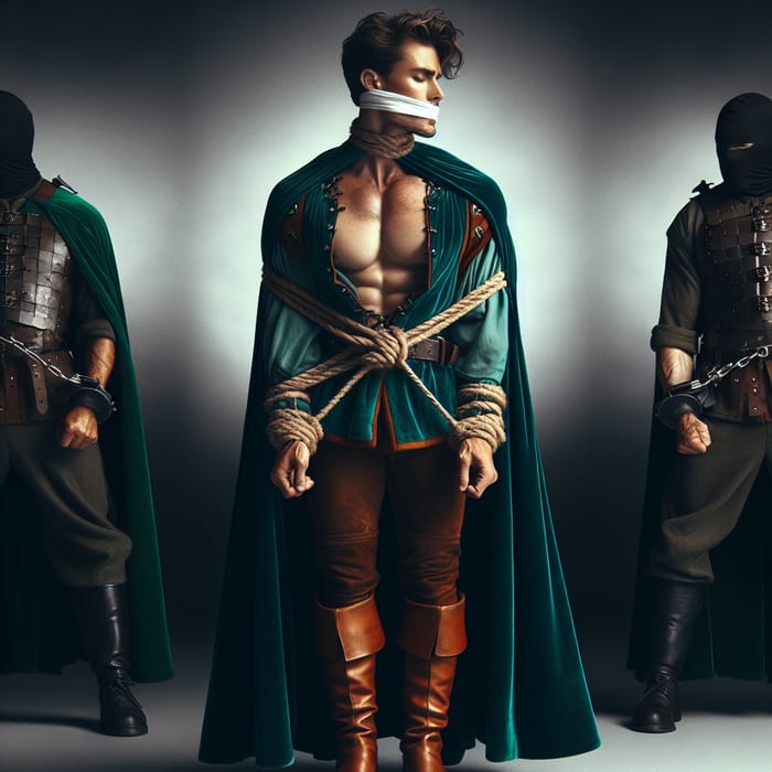 Vulnerable Muscular Prince Captured by Guards in Emerald Green Cape