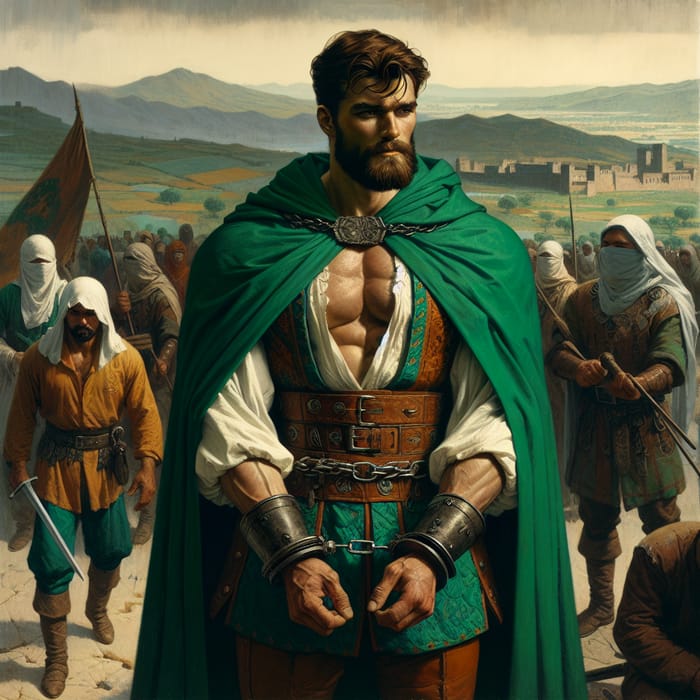 Muscular Prince in Emerald Green Cape Shackled by Guards