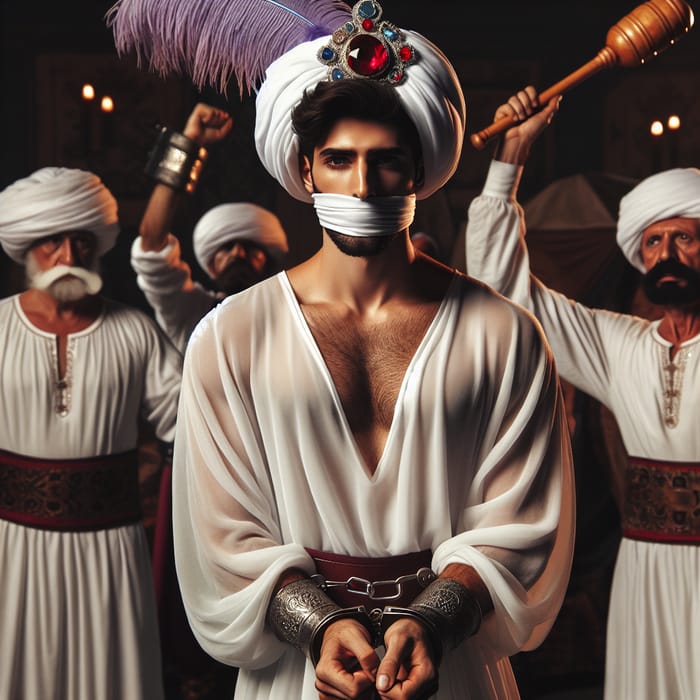 Middle Eastern Prince Aladdin Shackled and Gagged by Palace Guards