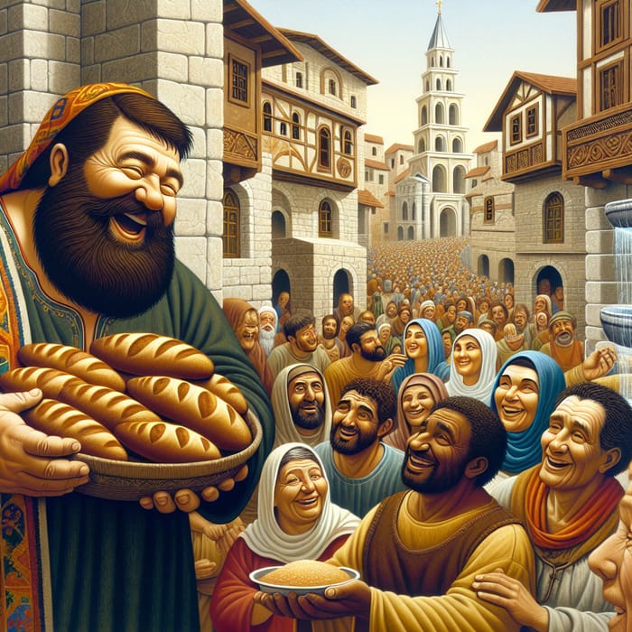 Jovial Bearded Man Sharing Bread in Byzantine City