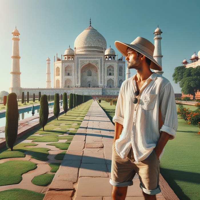 Hispanic Tourist Admiring Taj Mahal in Agra, India