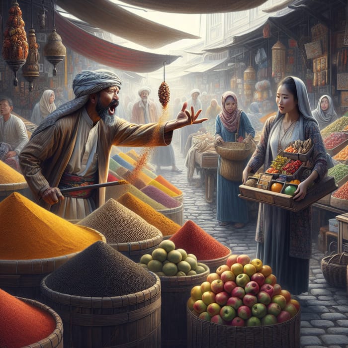 Vibrant Trader Scene - Spices, Fruits, Craft Stalls