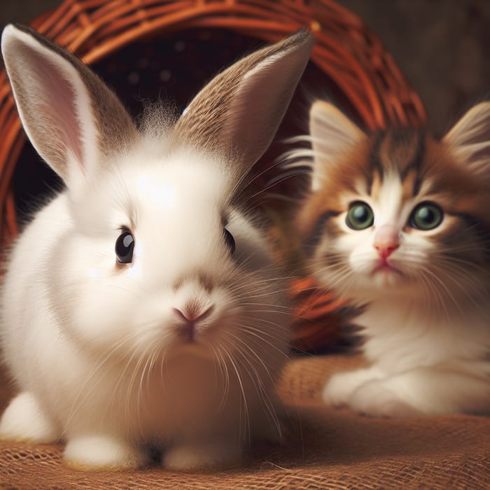 Curious Bunny and Kitten - White Fur and Green Eyes