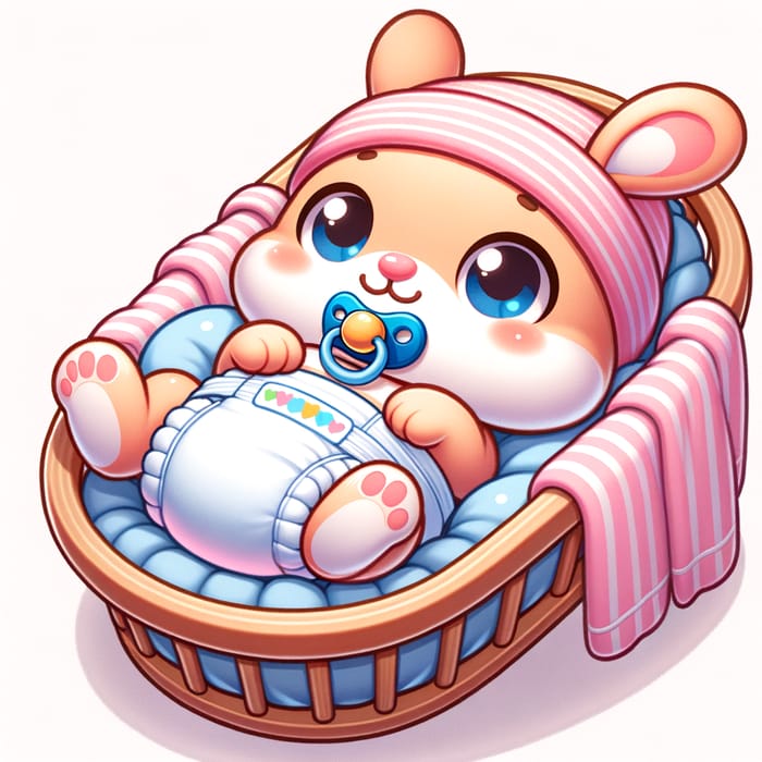 Cute Newborn Baby Bunny in Diapers on Cradle with Baby Hat and Pacifier