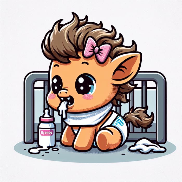 Cute Baby Pony in Pampers Diapers Crawling and Teething, Adorable Cartoon Newborn with Bonnet Sleeping in Crib