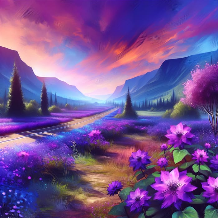 Scenic Purple World with Road and Floral Beauty